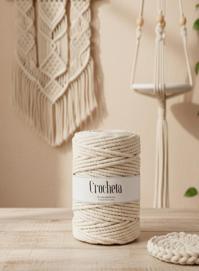 CROCHETA خيط كروشيتا ثلاثي الطبقات ملتوي من القطن المكرمية، خيط تغليف لأعمال المكرمية اليدوية وغيرها من المشاريع (3 مم 100 متر، أبيض مائل للبيج) - Image 2